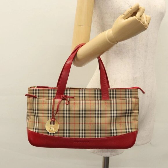 BURBERRY Nova Check Hand Bag Canvas Beige Red Auth 113293